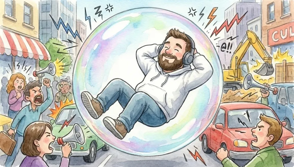 Акустична капсула: візуалізація того, як Focus Noise Mixer блокує міський шум та створює захисний бар'єр для спокою та концентрації