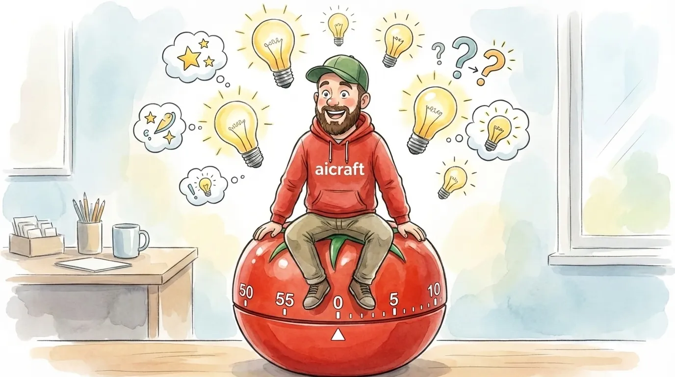 Хлопець у червоному худі aicraft радісно сидить верхи на гігантському кухонному таймері-помідорі, а навколо нього спалахують численні лампочки-ідеї — метафора науково доведеної ефективності техніки Pomodoro та сплеску креативності після ритмічної роботи