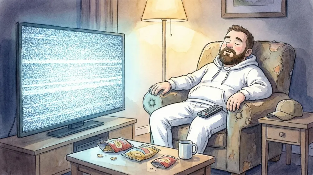 Візуалізація білого шуму: чоловік заснув у кріслі під монотонний звук телевізора зі статичними перешкодами на екрані