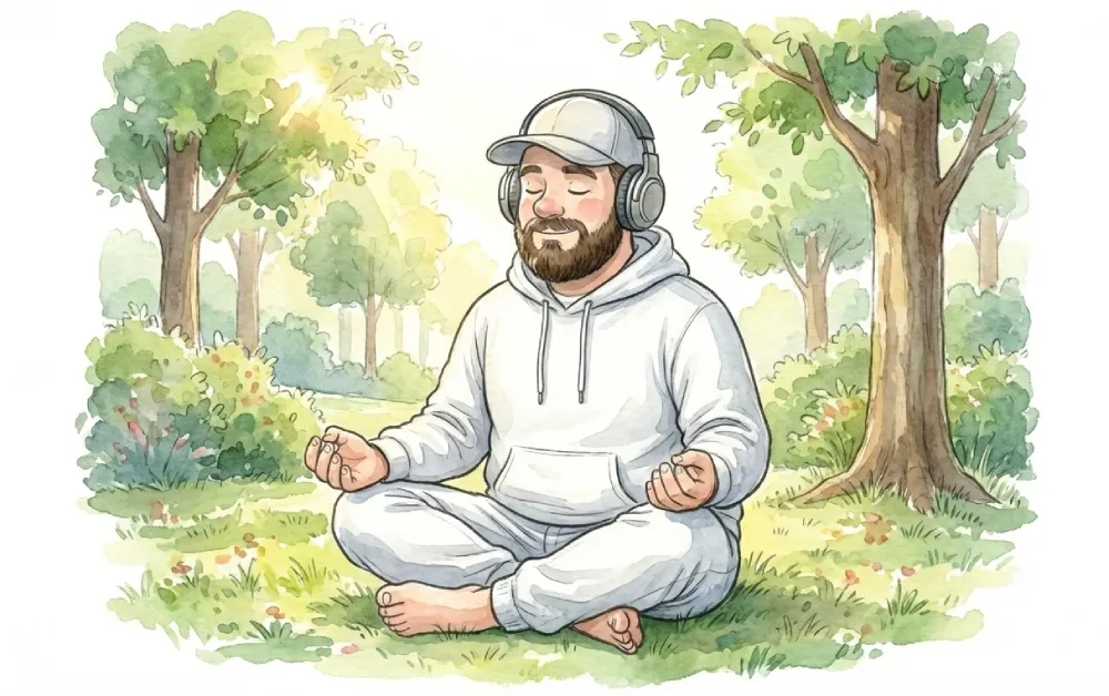 Focus Noise Mixer: чоловік у навушниках медитує на природі, слухаючи кольоровий шум для концентрації та продуктивності