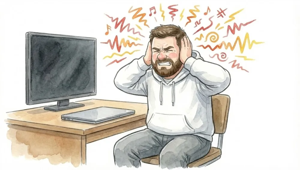 Маскування тінітусу: ілюстрація симптомів дзвону у вухах та потреби у звуковому фоні для полегшення стану