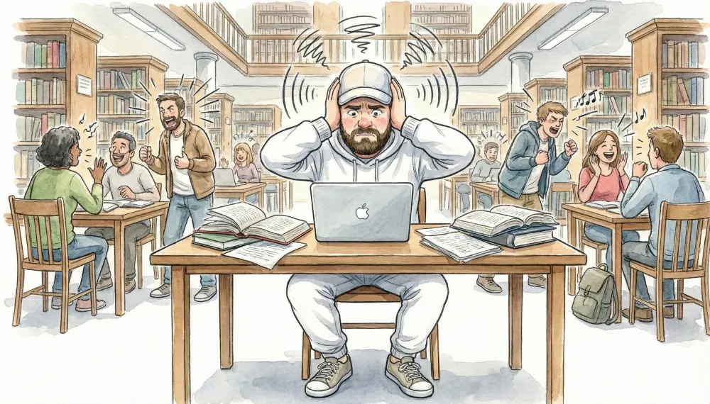 Пастка тиші: ілюстрація того, як різкі звуки в бібліотеці руйнують концентрацію та заважають роботі за ноутбуком