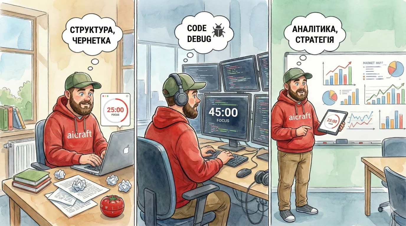 Три послідовні кадри: хлопець у червоному худі aicraft використовує Pomodoro Focus з різними інтервалами — 25 хвилин на структуру/чернетку (копірайтинг), 45 хвилин на код і дебаг (розробка), знову 25 хвилин на аналітику та стратегію (маркетинг) — як підбирати тривалість помідора під професію