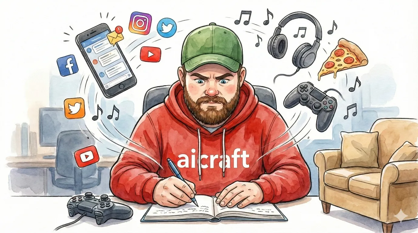 Бородатий хлопець у червоному худі aicraft намагається зосередитися і писати в зошит, але його оточують і відволікають соцмережі, YouTube, музика, піца та геймпад — ілюстрація типових відволікаючих факторів, від яких рятує Pomodoro Focus