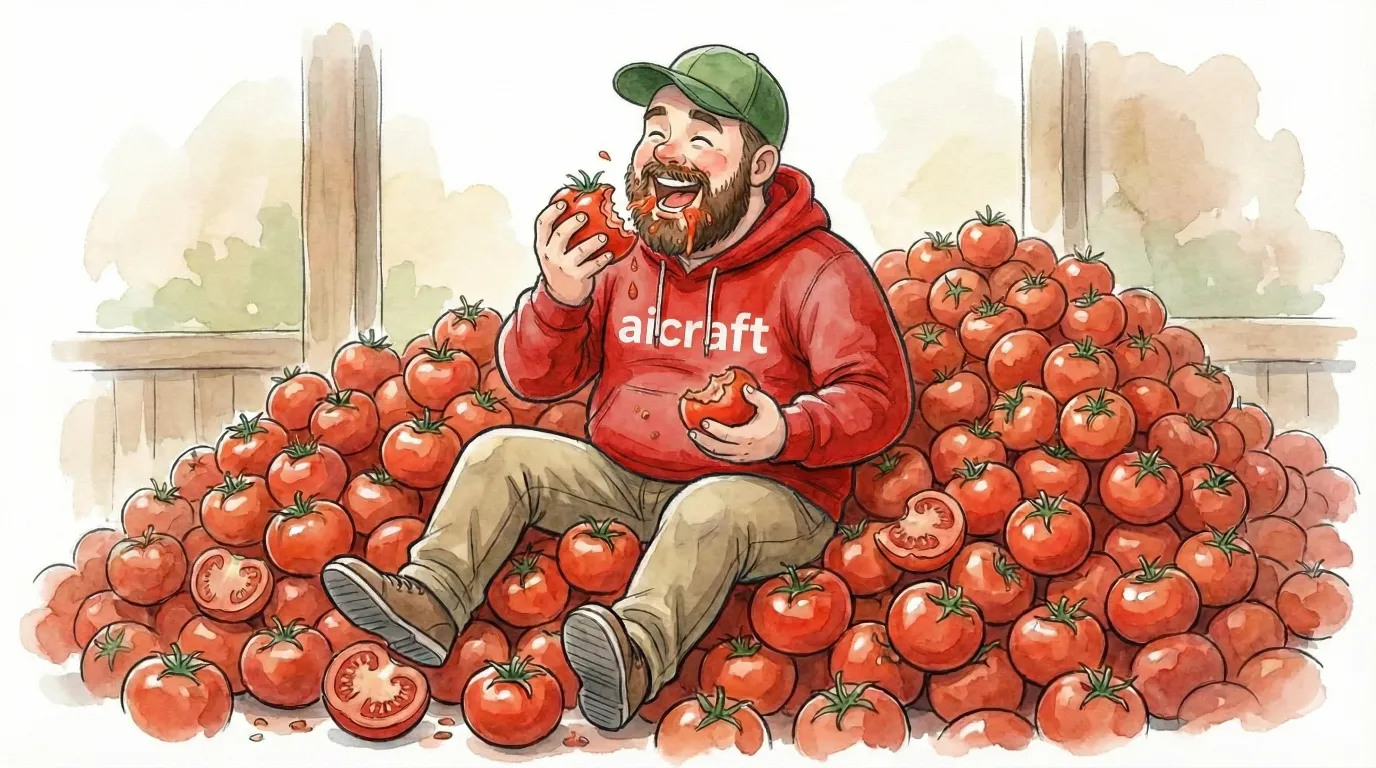 Веселий бородатий хлопець у червоному худі aicraft із задоволенням їсть помідор, сидячи посеред величезної купи стиглих томатів — гумористична обкладинка статті про техніку Pomodoro та таймер Pomodoro Focus