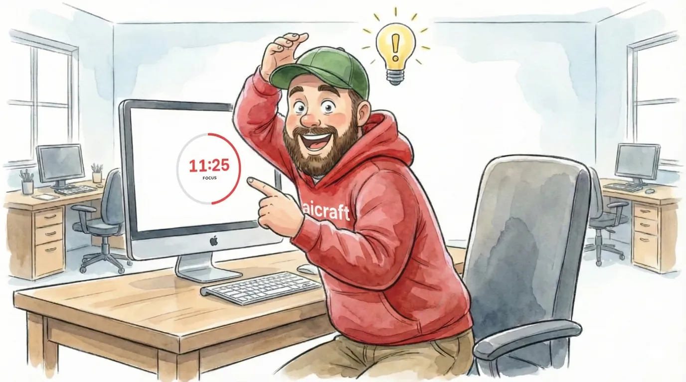 Радісний хлопець у червоному худі aicraft з лампочкою-ідеєю над головою показує на екран з мінімалістичним Pomodoro Focus таймером (11:25 FOCUS і червоне прогрес-кільце) — ілюстрація до повного гайду по налаштуванню та використанню таймера