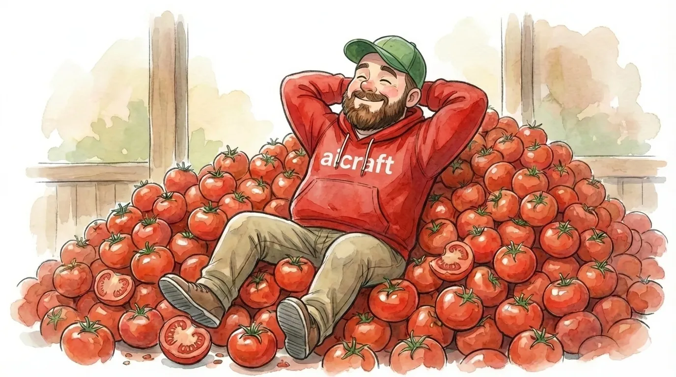 Щасливий бородатий хлопець у червоному худі aicraft розслаблено лежить на величезній купі помідорів з руками за головою та блаженною посмішкою — метафора завершеного дня, виконаних задач і повного контролю над часом завдяки техніці Pomodoro